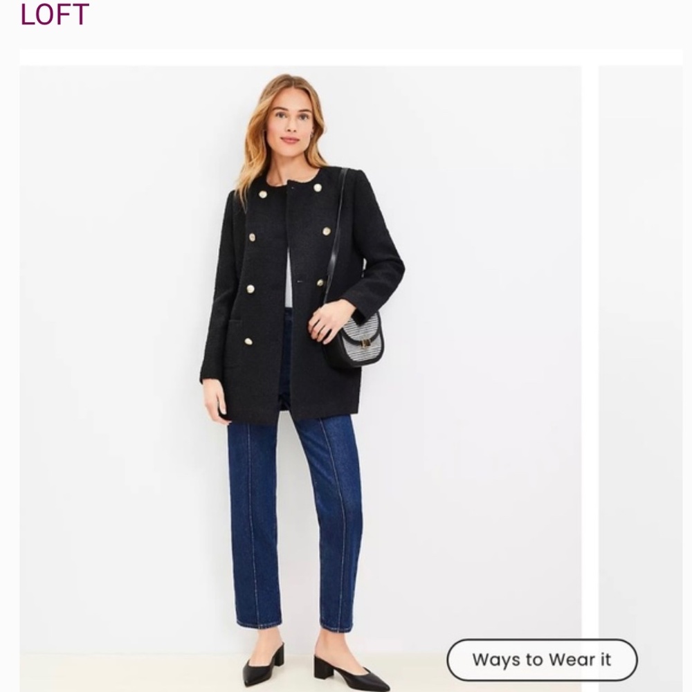 NWT LOFT Tweed Long Collarless jacket black size Large